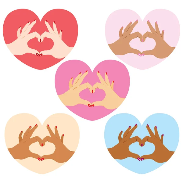 Set Sammlung Von Liebessymbolen Weibliche Hände Verschiedenen Farben — Stockvektor