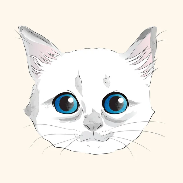Watercolor Illustration Cute White Kitty Head Blue Eyes — Stock Vector