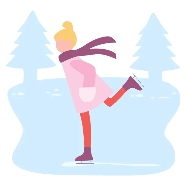 Κορίτσι Ροζ Παλτό Πατινάζ Στη Χειμερινή Λίμνη Πάγου — Διανυσματικό Αρχείο
