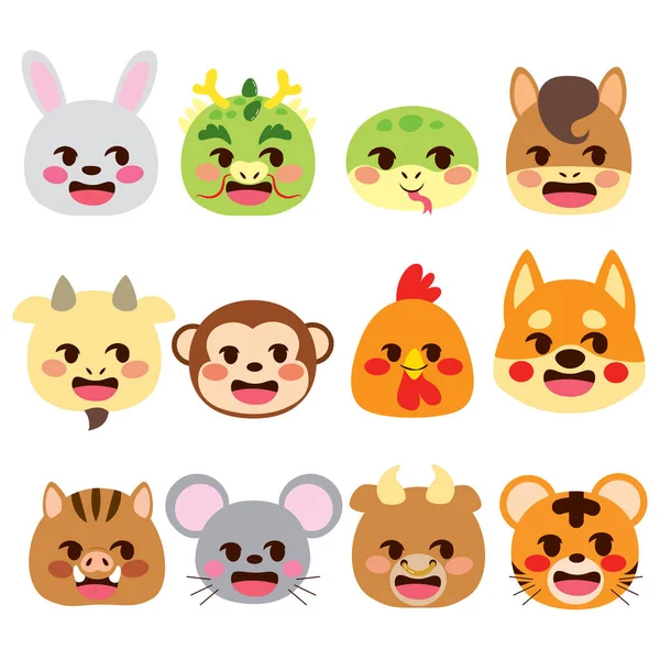 Lindos Signos Del Zodíaco Chino Emoji Animales Estilo Color Plano — Vector de stock