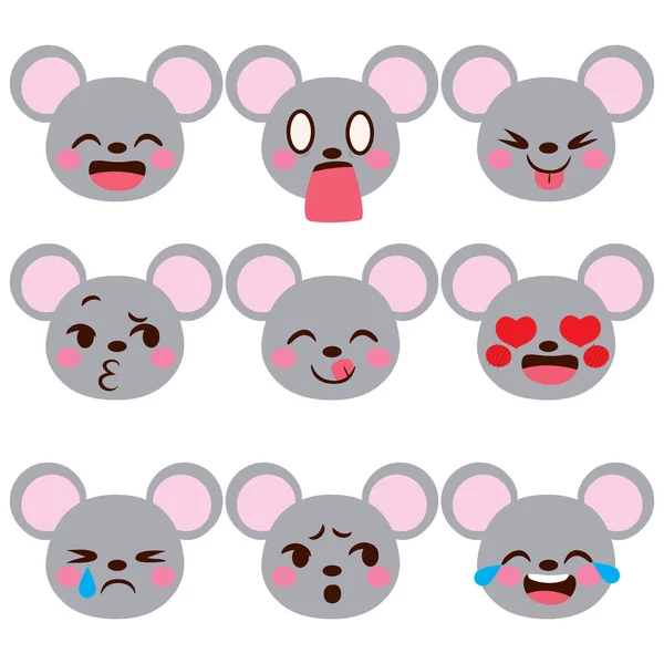 Leuke Muis Karakter Avatar Emoji Gezicht Uitdrukkingen Met Verschillende Emoties — Stockvector