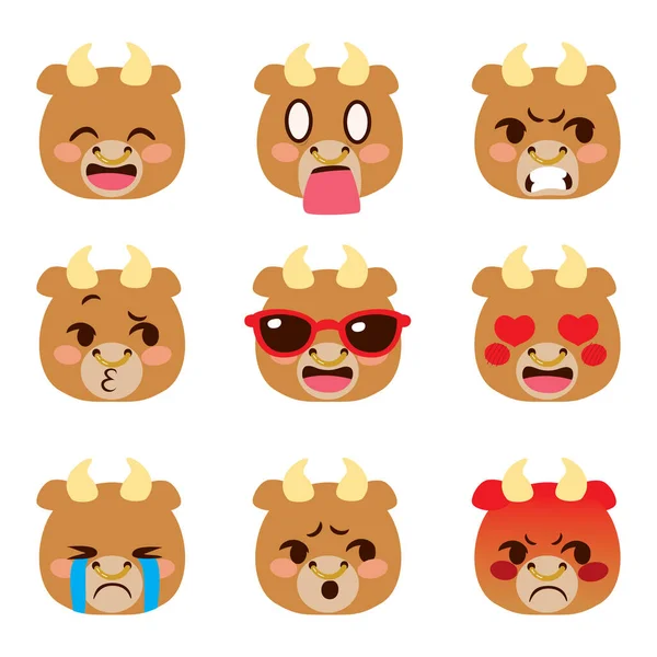 Mignon Personnage Buffle Avatar Emoji Expressions Visage Avec Différentes Émotions — Image vectorielle