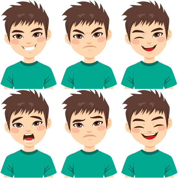 Face Expressions Teenager Boy Brown Hair Different Emotions Set Isolated — Stock Vector