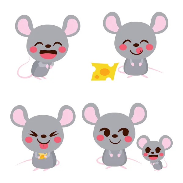 Cute Little Mouse Set Eating Cheese Smiling Family — Stock Vector