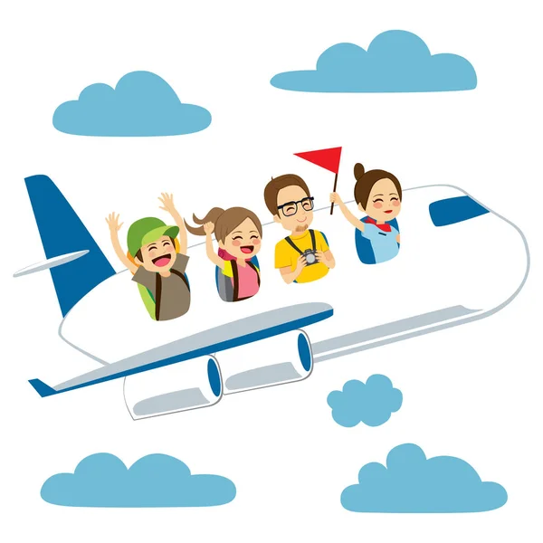 Четверо Щасливих Туристів Подорожують Літаком Небі — стоковий вектор