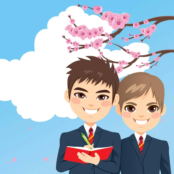 Młody Nastolatek Chłopiec Studenci Pisanie Notatnik Sakura Wiśnia Drzewo Błękitne — Wektor stockowy