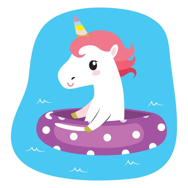 Cute Lovely Unicorn Inflatable Enjoying Summer Pool — Stock Vector