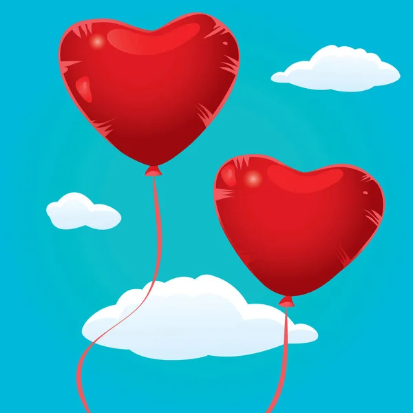 Two Red Valentine Balloons Floating Blue Sky Background — Stock Vector