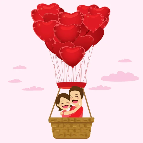 Pasangan Pada Hari Saint Valentine Mengendarai Balon Berbentuk Hati - Stok Vektor