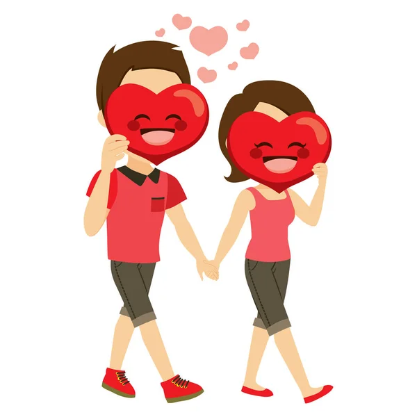Χαριτωμένο Αστείο Ζευγάρι Emoji Μάσκα Καρδιά Και Χαρούμενη Έκφραση Προσώπου — Διανυσματικό Αρχείο
