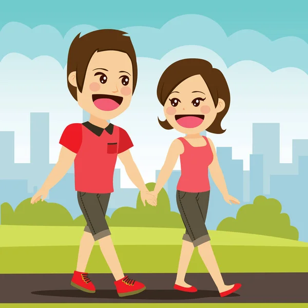 快乐的夫妻手牵着手在公园里散步 — 图库矢量图片