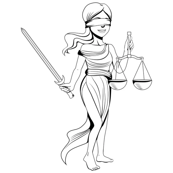 Line Art Illustration Lady Justice Figure Blindfold Holding Scale Sword — Stock Vector