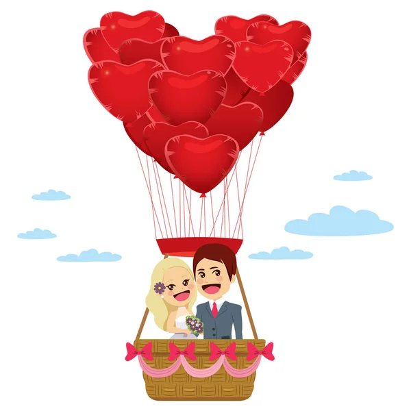 Ilustración Linda Pareja Volando Cesta Colgando Globos Forma Corazón Rojo — Archivo Imágenes Vectoriales