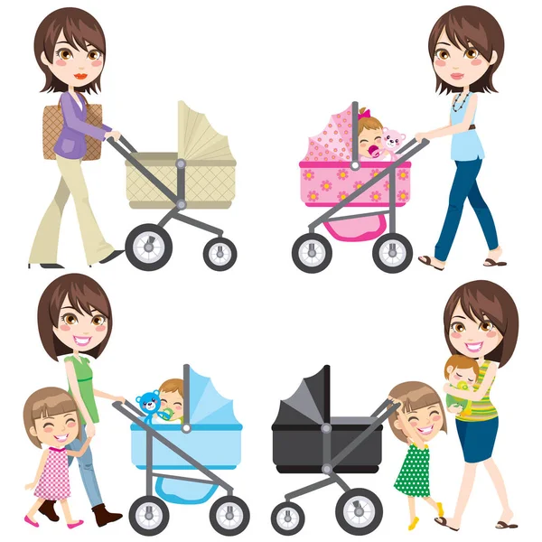 Mamá Con Cochecito Caminando Ropa Diferente Con Bebé Hija — Archivo Imágenes Vectoriales