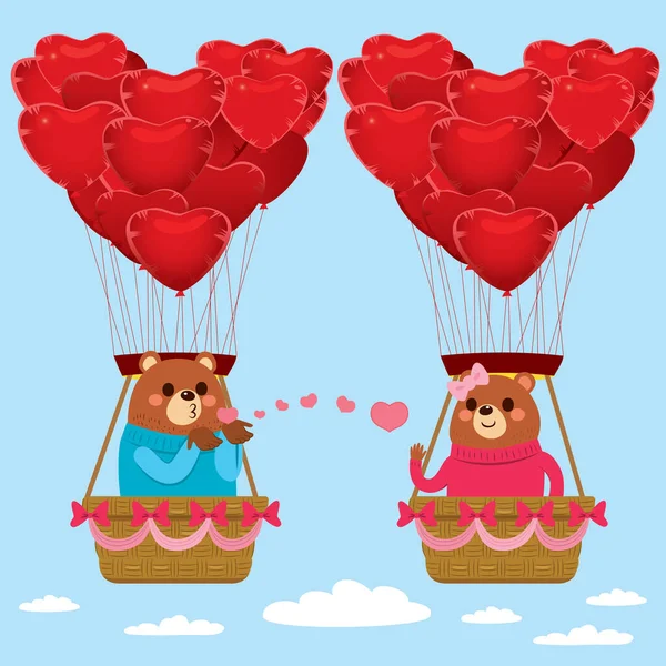 ハート型の風船で飛ぶ愛のキスを送る2匹の可愛いクマのイラストバレンタインデーのコンセプト — ストックベクタ