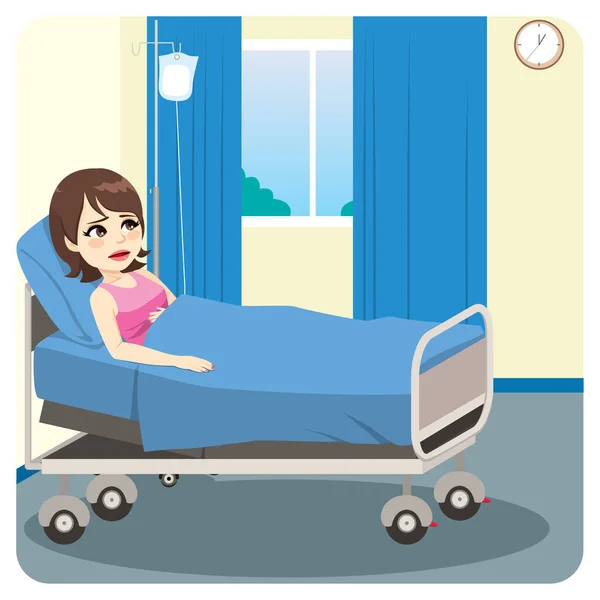病重的女性病人躺在床上忧心忡忡 孤身一人在医院卧房等待 — 图库矢量图片