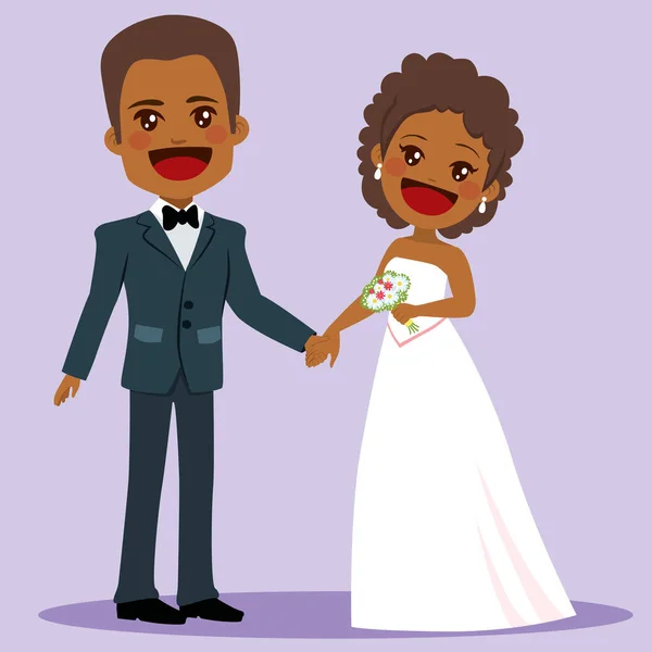 Couple Afro Américain Debout Posant Heureux Jour Mariage Tenant Main — Image vectorielle