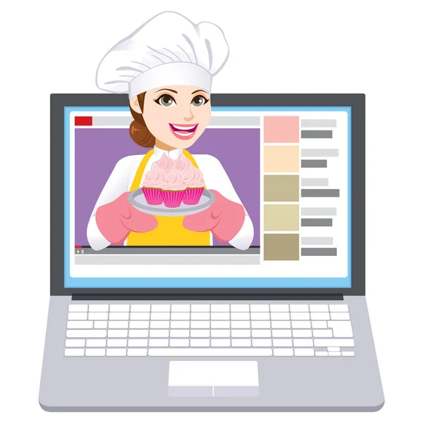 Jonge Chef Kok Vrouw Maken Video Blog Houden Lade Met — Stockvector