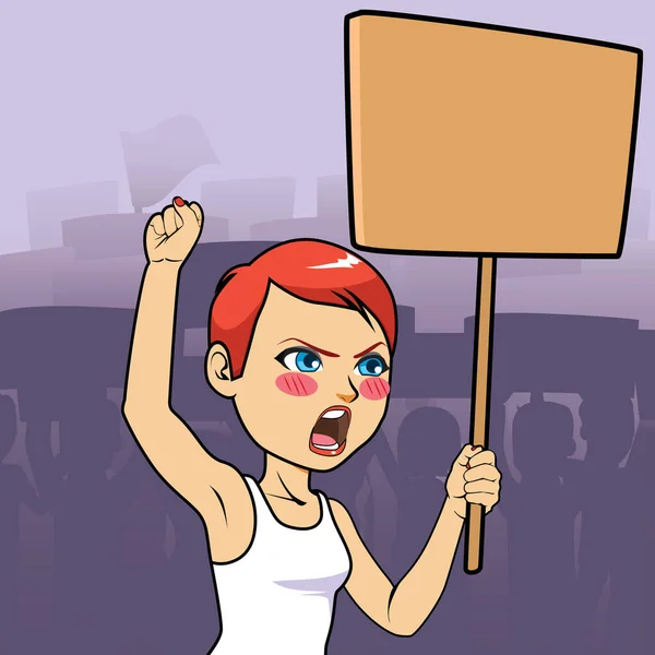 Ilustração Menina Com Cabelo Vermelho Segurando Cartaz Protestando Frente Fundo — Vetor de Stock
