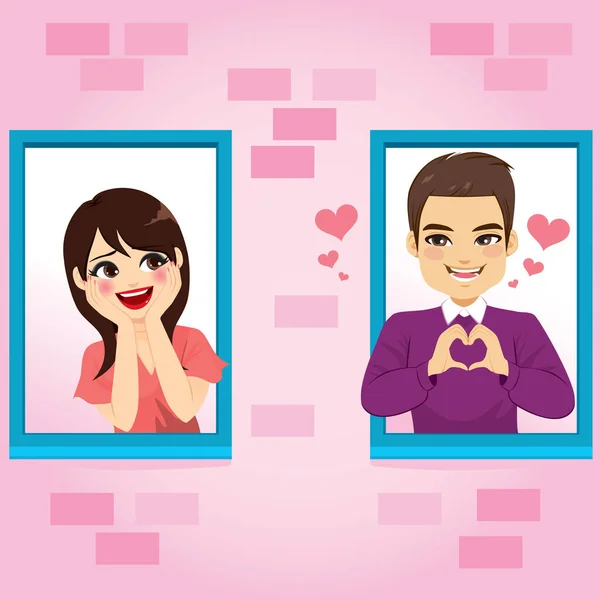 Young Cute Couple Love Man Making Heart Symbol Hands Shy — Stock Vector