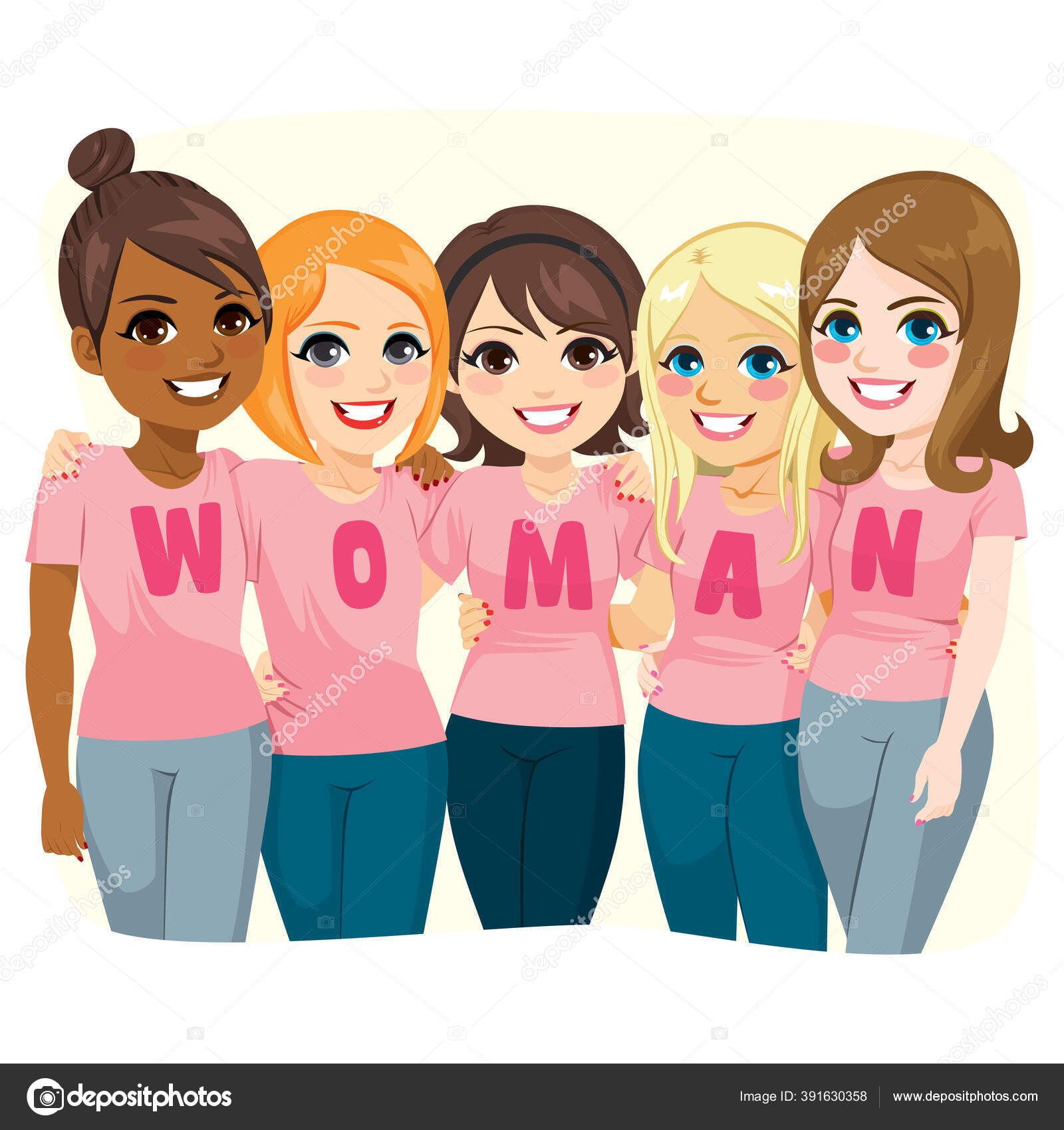 Cinco Amigas Posando Juntas Usando Camisetas Rosas Haciendo Texto Mujer ...