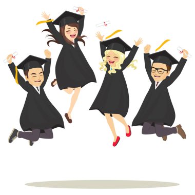 Young happy girls and boys students in academic dress jumping celebrating together graduation ceremony day clipart