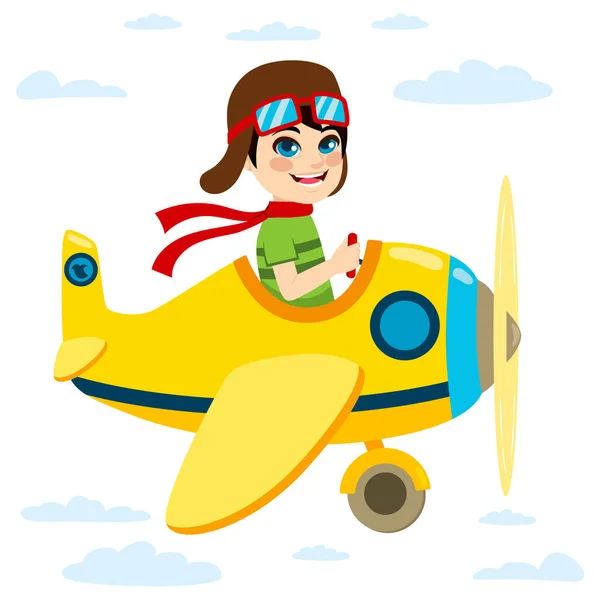 Cute Little Kid Flying Plane Sky — Stock Vector