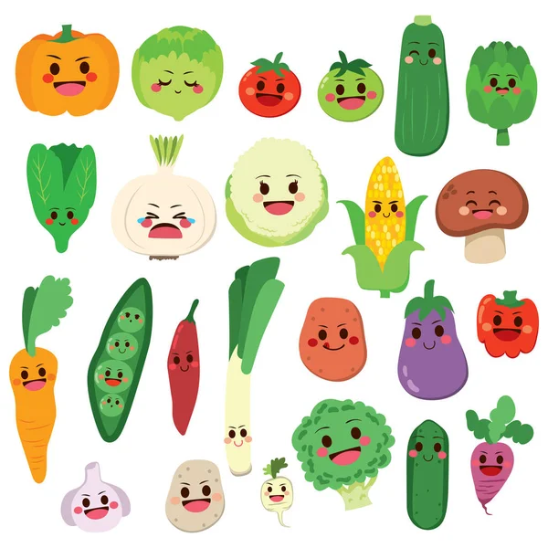 Набор Симпатичных Персонажей Фруктов Овощей — стоковый вектор