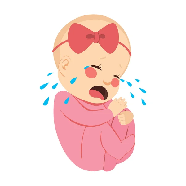Маленькая Новорожденная Девочка Розовым Комбинезоном Лентой Голове Плачет — стоковый вектор