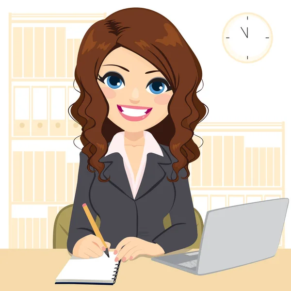 Young Beautiful Woman Smiling Working Desk Using Laptop Taking Notes — Stock Vector