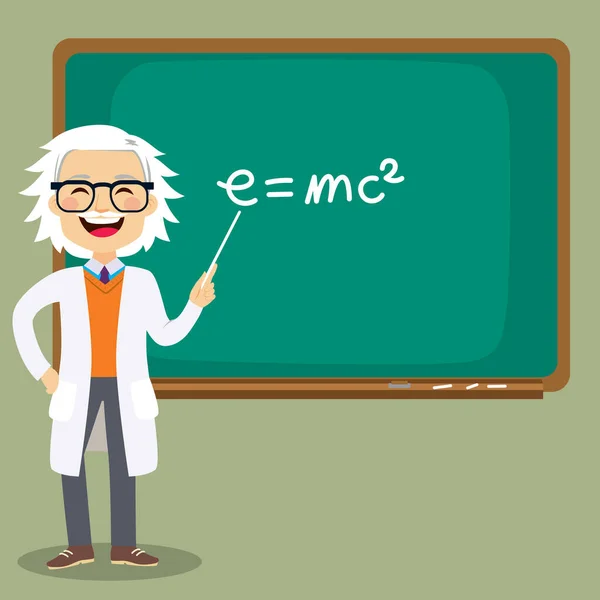Old Senior Male Science Teacher Teaching Lesson Front Blackboard Pointing — Stock Vector