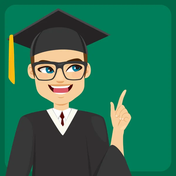 戴白板帽 穿着毕业礼服 手指指向绿色黑板的男生 — 图库矢量图片
