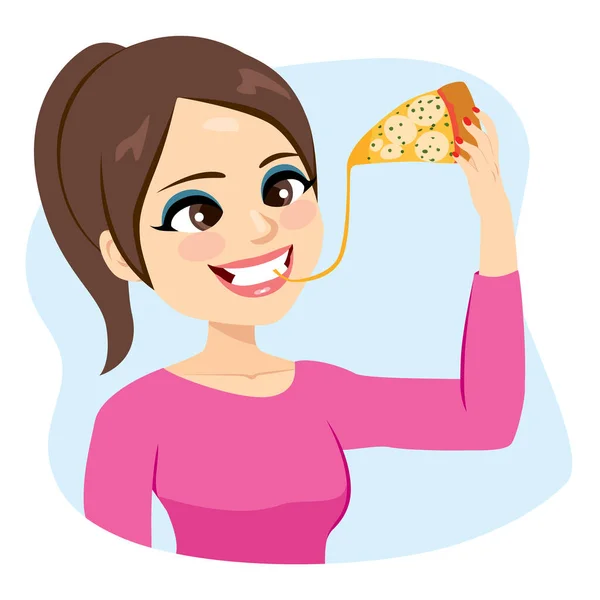 Illustration Ung Kvinna Njuter Att Äta Smält Ost Pizza Skiva — Stock vektor