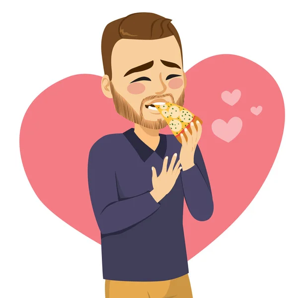Ilustrace Mladého Muže Těší Jíst Plátek Lahodné Pizzy Láska Pizza — Stockový vektor