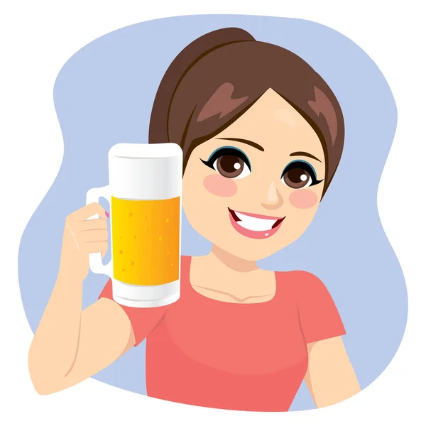 一个年轻女孩微笑着举着啤酒瓶欢呼的例子 — 图库矢量图片