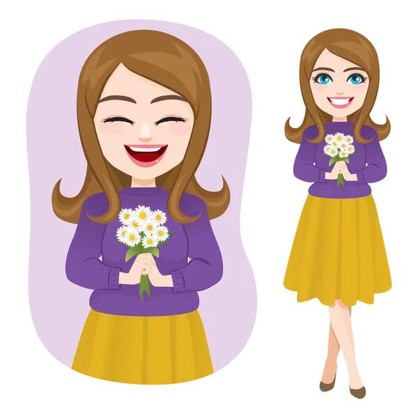 Beautiful Young Happy Girl Smiling Holding Spring Daisy Flowers Bouquet — Stock Vector