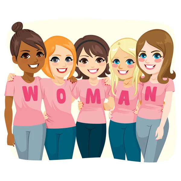 五位女伴穿着粉色T恤衫摆姿势 为女性权力概念创作文本 — 图库矢量图片