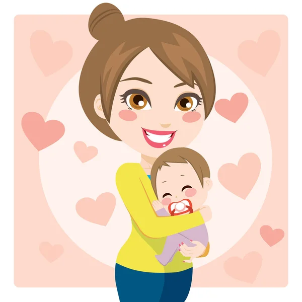 Beautiful Young Mom Smiling Holding Embracing Cute Baby — Stock Vector