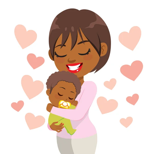 Молодая Счастливая Заботливая Улыбающаяся Афроамериканская Мать Держит Спящего Милого Ребенка — стоковый вектор