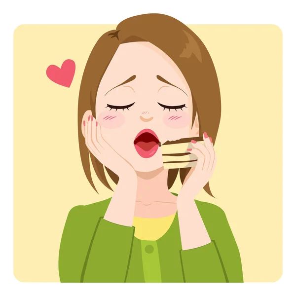 Illustration Jeune Femme Appréciant Manger Une Tranche Délicieux Concept Gâteau — Image vectorielle