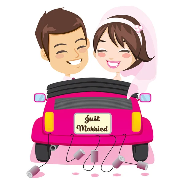Back View Happy Just Married Couple Riding Pink Car Cans — Stock Vector