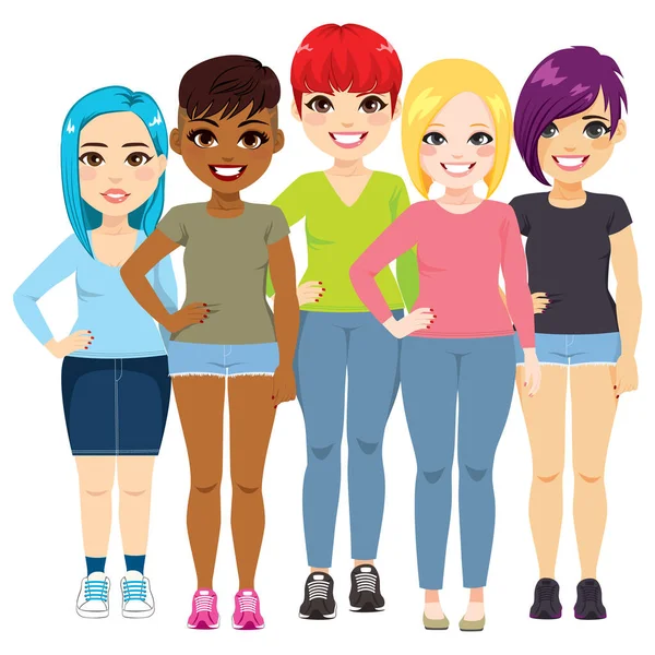 Silné Mladé Feministické Ženy Skupiny Stojí Spolu Úsměvem — Stockový vektor
