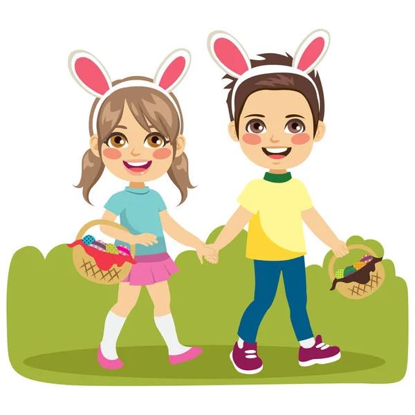 Adorable Brother Sister Children Walking Easter Eggs Baskets Bunny Ears — Stock Vector