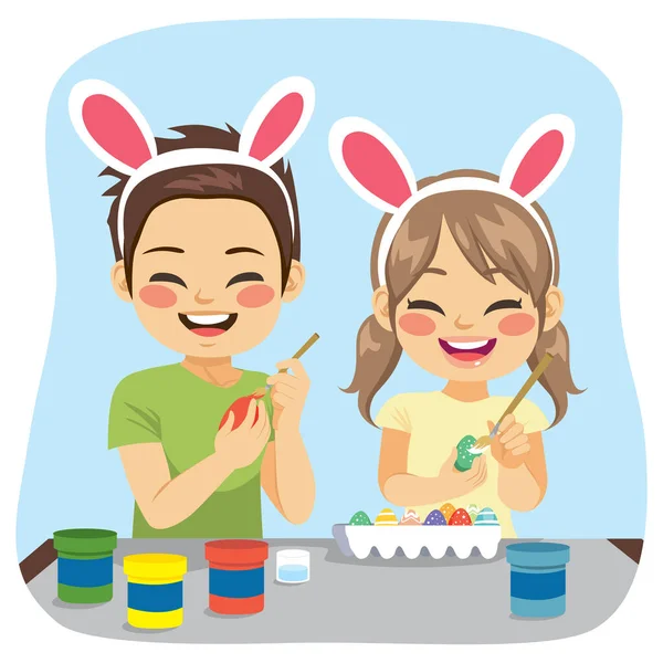 Young Cute Siblings Painting Decorated Easter Eggs Funny Creative Activity — Stock Vector
