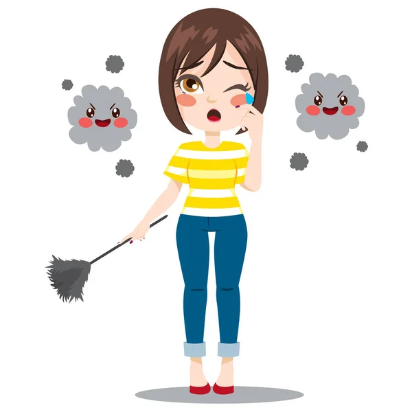 Young Woman Holding Duster Cleaning Suffering Dust Allergy Reaction — Stock Vector