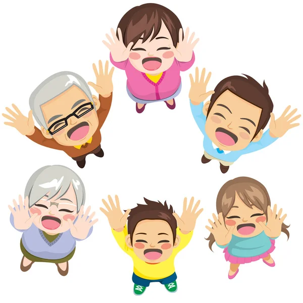 Família Três Gerações Seis Membros Felizes Levantando Braços Mostrando Mãos —  Vetores de Stock