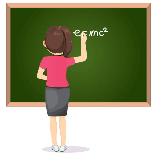Back View Female Teacher Classroom Writing Science Formula White Chalk — Stock Vector
