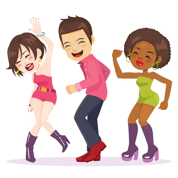 Three Young People Retro Fashion Clothing Dancing Disco Music — Stock Vector