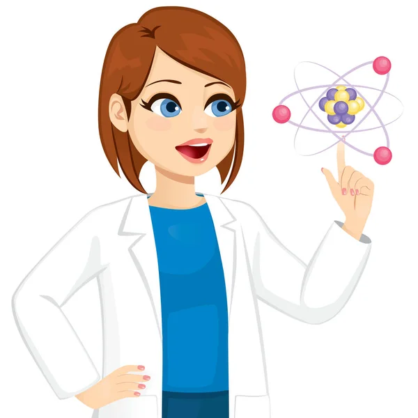 Female Scientist Awe Touching Atom Positive Amazed Face Expression — Stock Vector