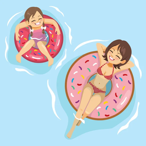 Mother Daughter Enjoying Summer Swimming Pool Inflatable Ring — Stock Vector